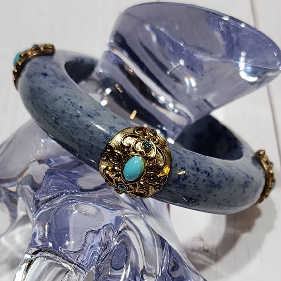 Blue Gray Blue Speckle Resin Bangle Faux Turquoise Beads & Crystals - Picture 1 of 4